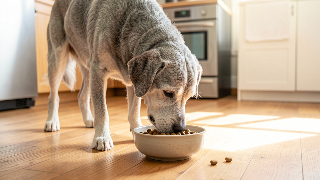シニア犬が床に置かれたボウルからドッグフードを自然に食べている様子