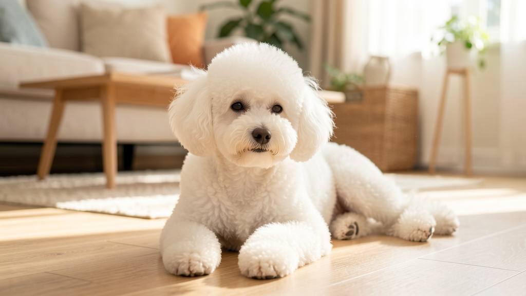 白い犬がリビングでリラックスしている様子。犬の涙やけケアに最適なドッグフード比較記事のアイキャッチ画像