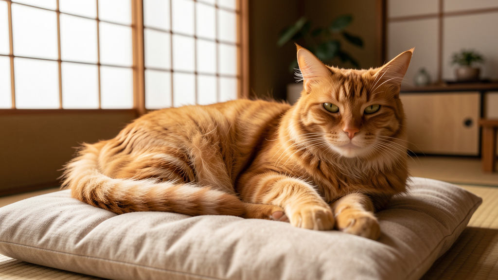 健康的な被毛の猫が日向でのんびりくつろぐ様子