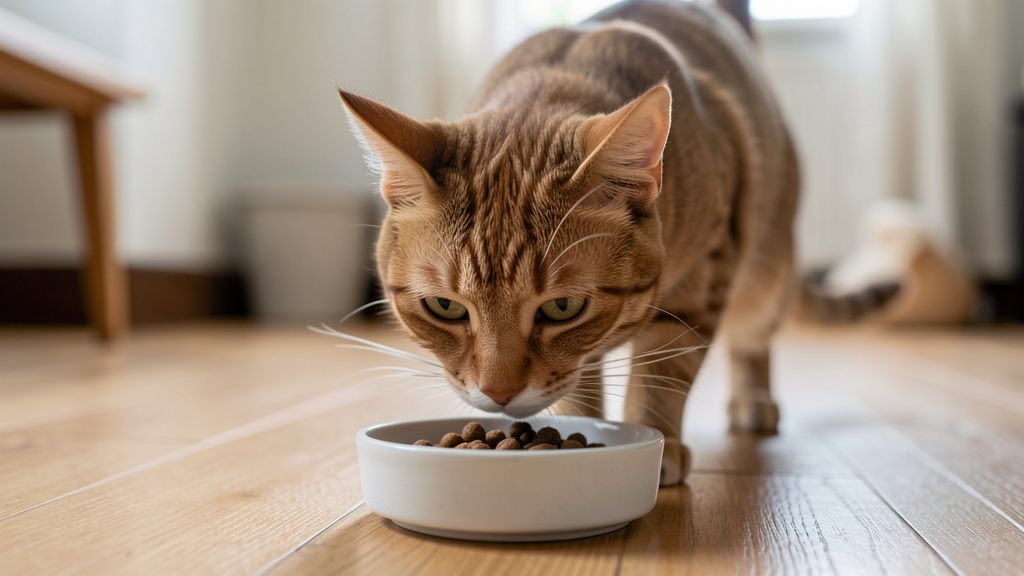 猫がキャットフードのボウルの前で控えめに匂いを嗅いでいる様子
