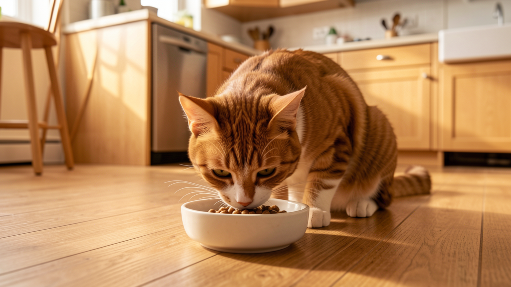 猫がフードボウルの前で控えめに匂いをかいでいる様子