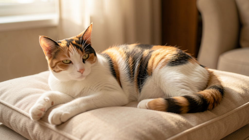 リラックスして過ごす三毛猫。健康な猫の自然な姿