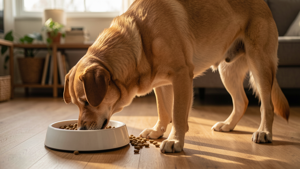 犬が早食い防止用のボウルからフードを食べている様子