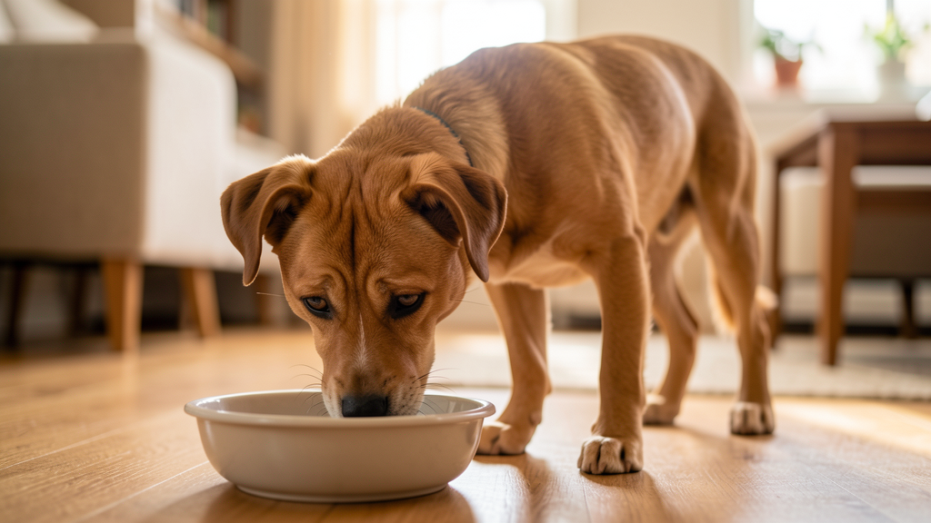 犬が水入れの前に立っている様子