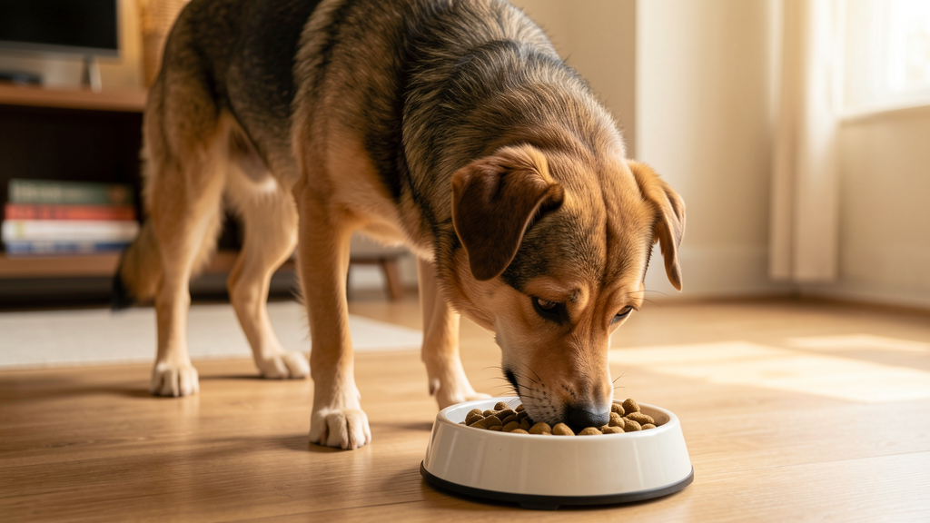 犬がドッグフードのボウルの前で控えめにしている様子