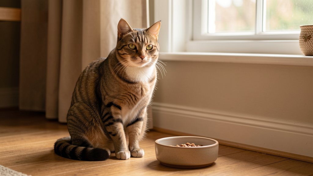 室内猫がフードボウルのそばに座っている様子