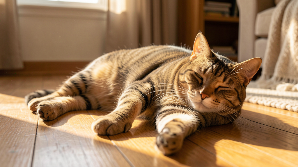 日向でリラックスする猫。猫の糖尿病ケアフード比較記事のアイキャッチ画像