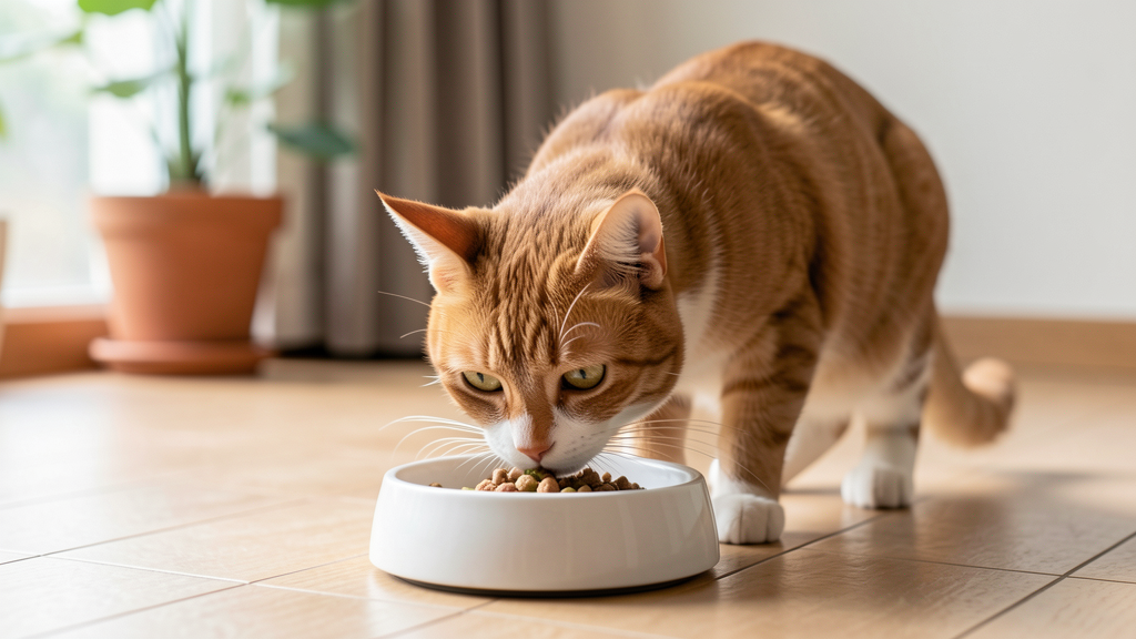 猫がフードボウルの前で控えめにしている様子