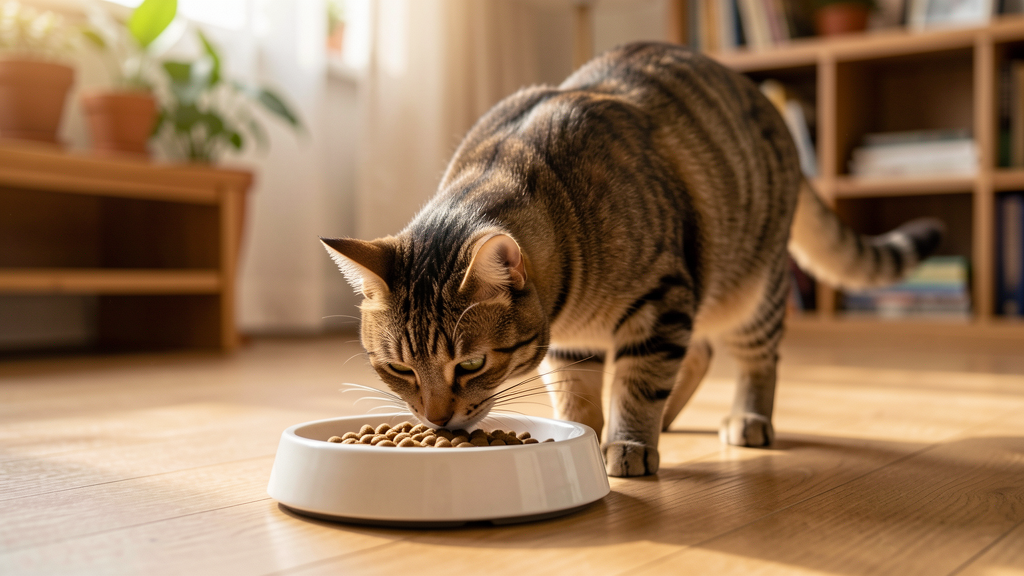猫がフードボウルの前で控えめに匂いを嗅ぐ様子