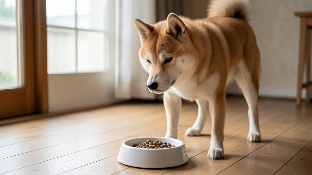 犬がフードボウルの前に立っている様子