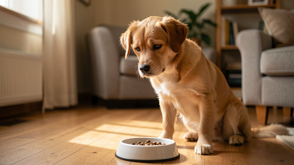 犬がフードボウルの前で控えめな様子