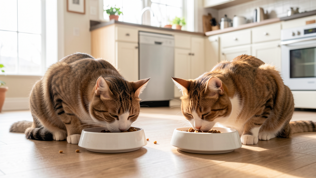 多頭飼いの猫が別々の器で食事している様子