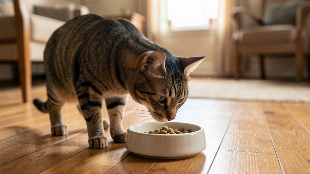 猫がフードボウルの前で一粒ずつフードを食べる自然な様子