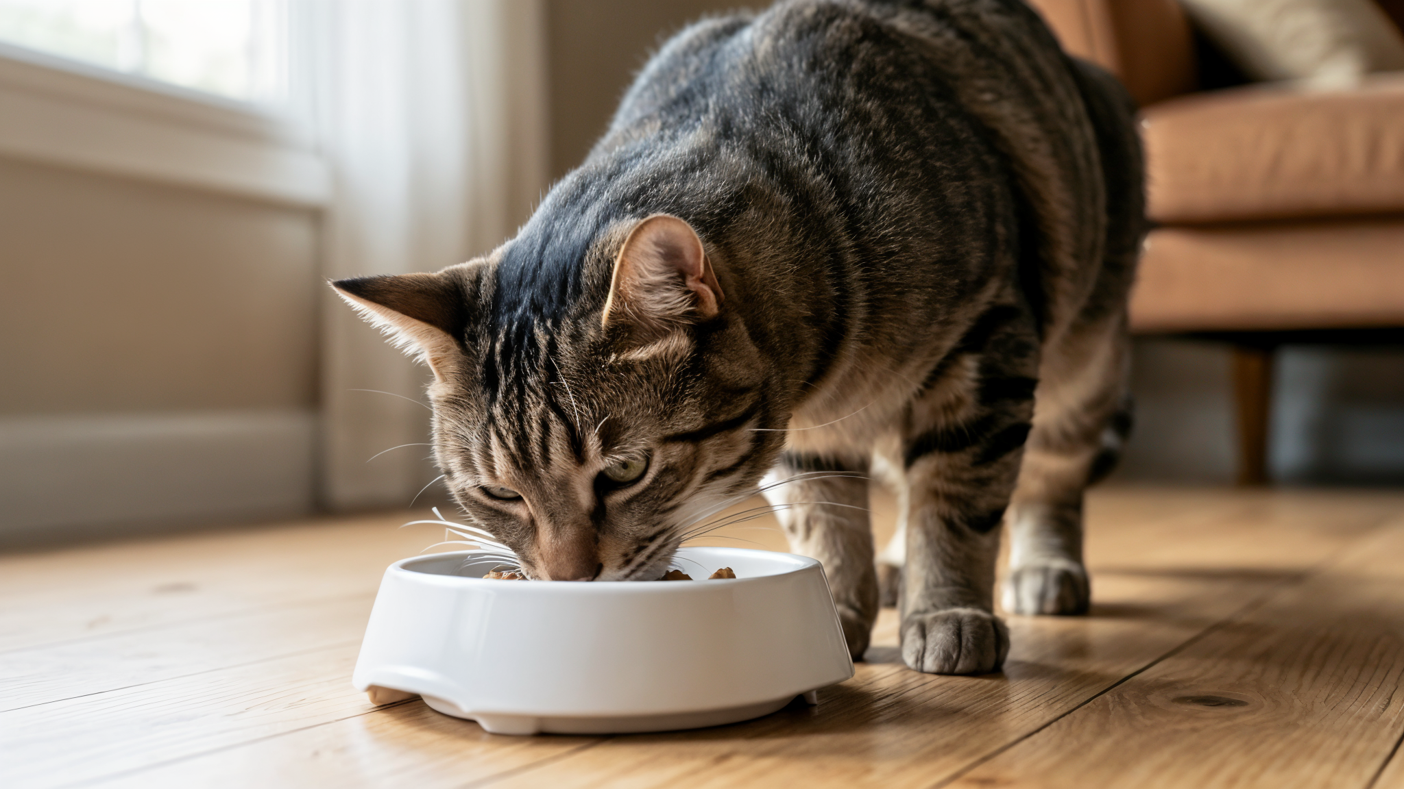 キャットフードの好き嫌いをする猫、ボウルの前でためらう様子