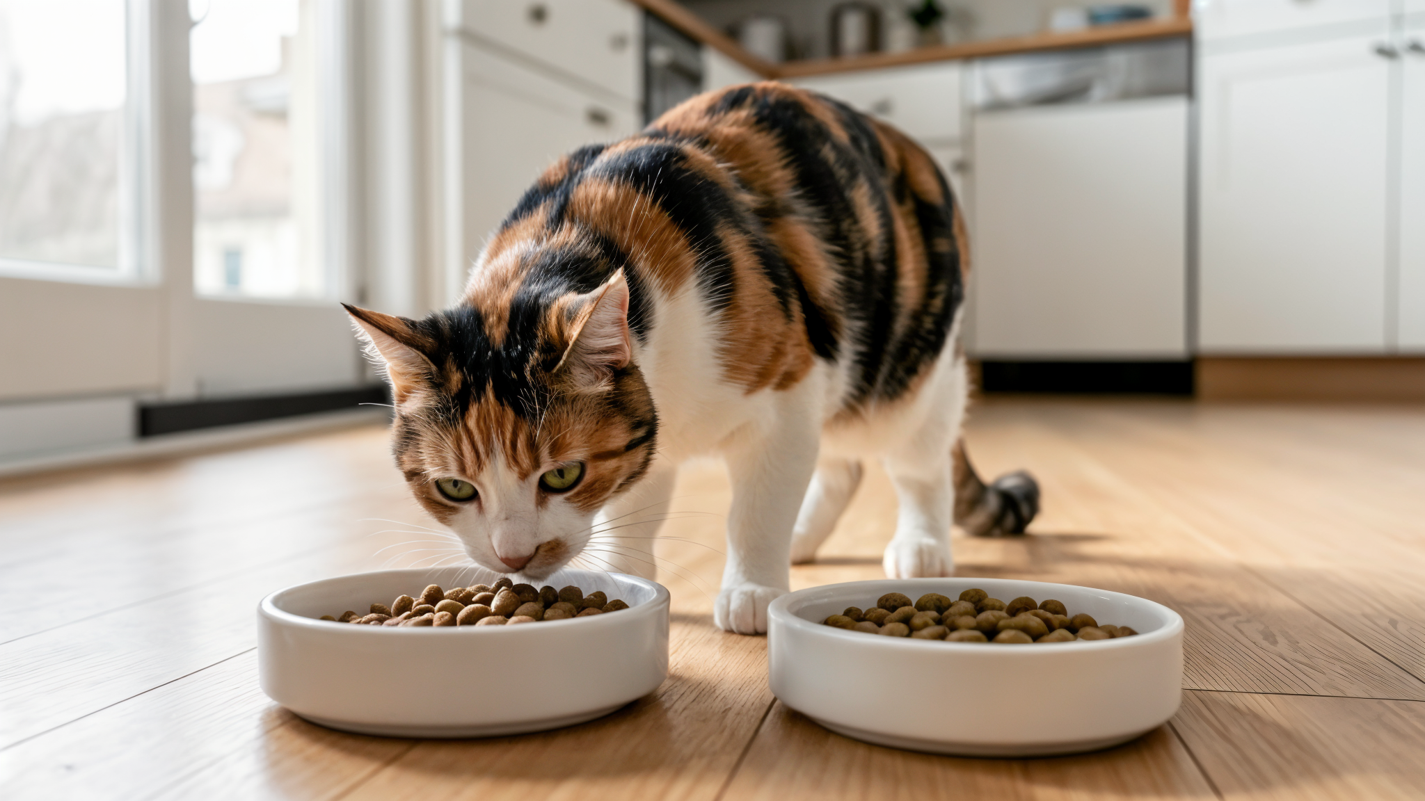 猫がフードボウルの前で匂いを嗅いでいる様子