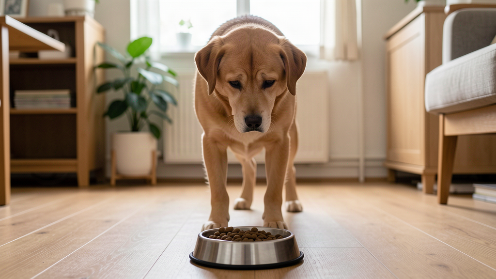 犬がフードボウルの前で控えめに立っている様子