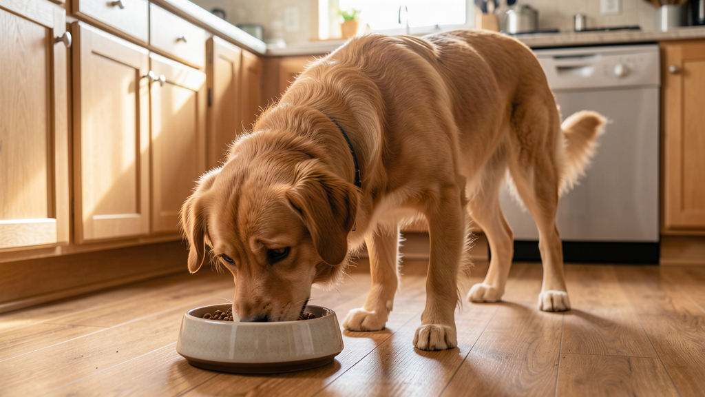 犬がフードボウルの前で控えめにしている様子